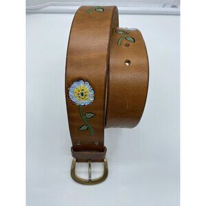 Tan Genuine Leather Belt Hand pained Embossed Floral Women's Size L 34" End-End